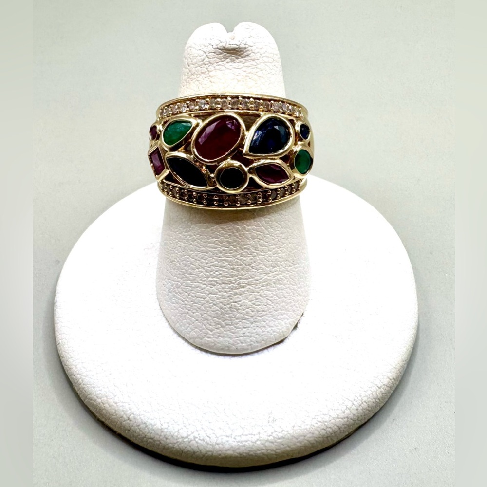 Effy 14k Yellow Gold Multi-Shape Emerald Sapphire Ruby Diamond Cocktail Ring